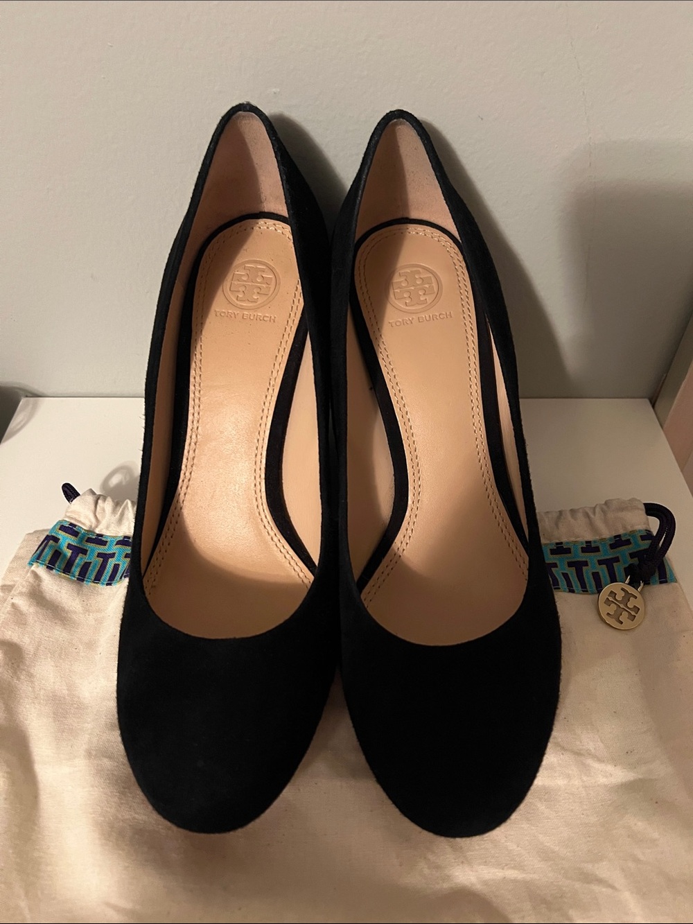 Tory Burch Black Suede Wedge Heels with Gold Accent (Size 10) - Picture 3 of 9